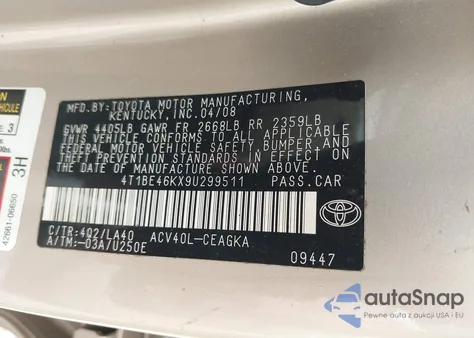 2009 Toyota Camry Xle z USA, uszkodzony, nr VIN 4T1BE46KX9U299511